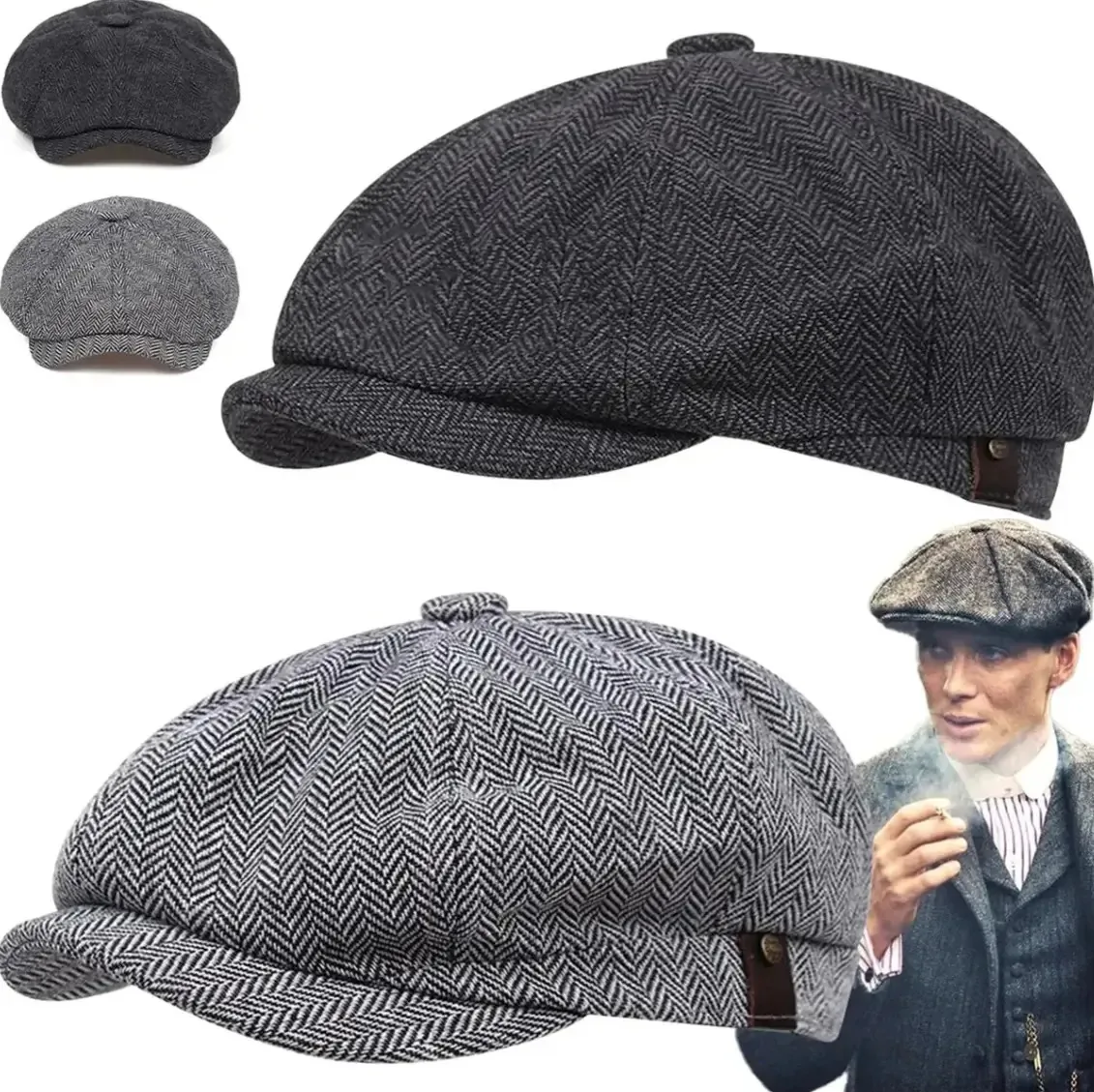 2 Bonés Masculinos Boina Jornalista Britânica Vintage Cinza Escuro L