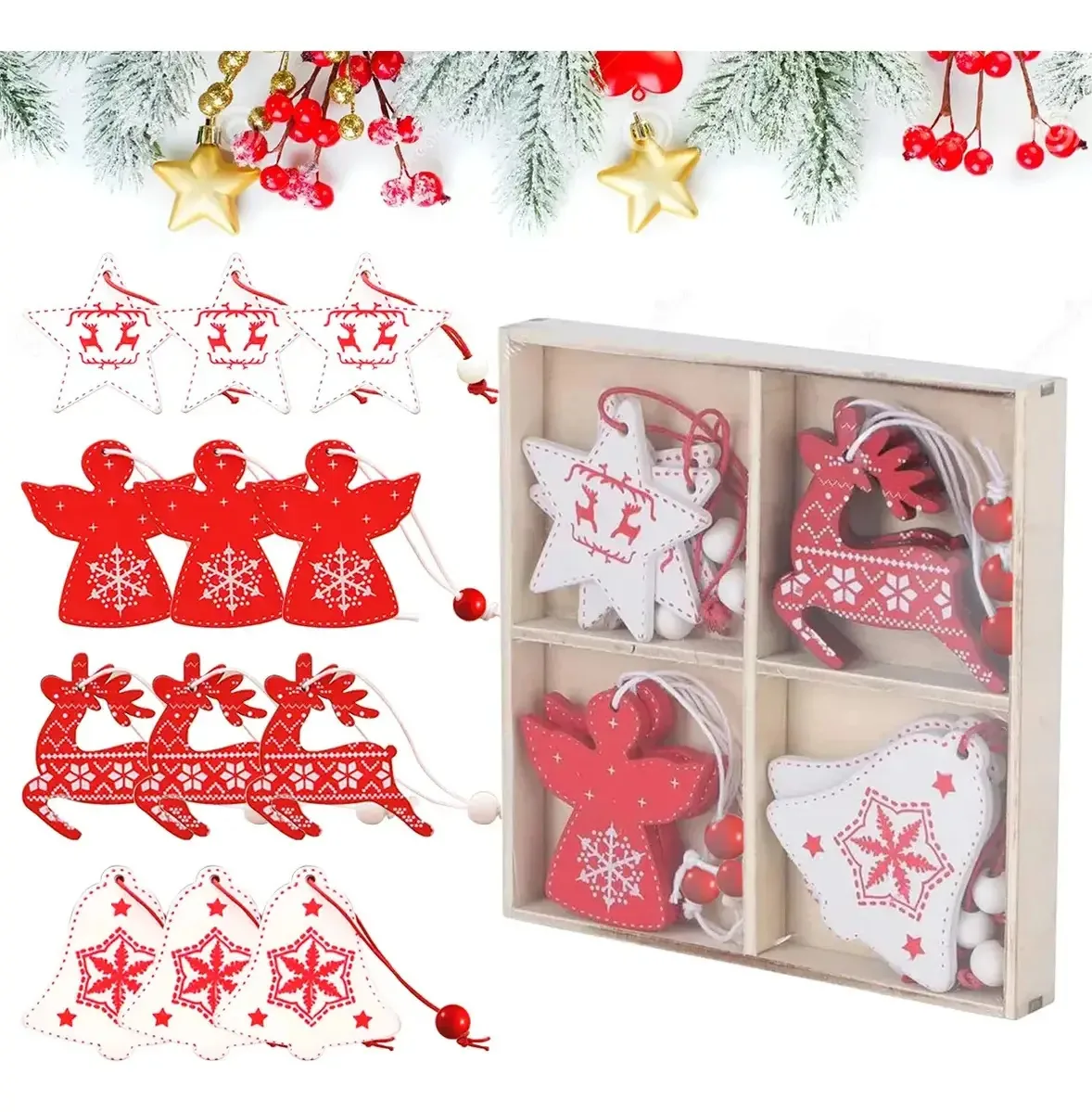 12 peças de presentes de Natal pendurados em madeira, pingentes de árvore de Natal, enfeites de pinho, enfeites decorativos de madeira pendurados com cordões para decoração de árvore de Natal