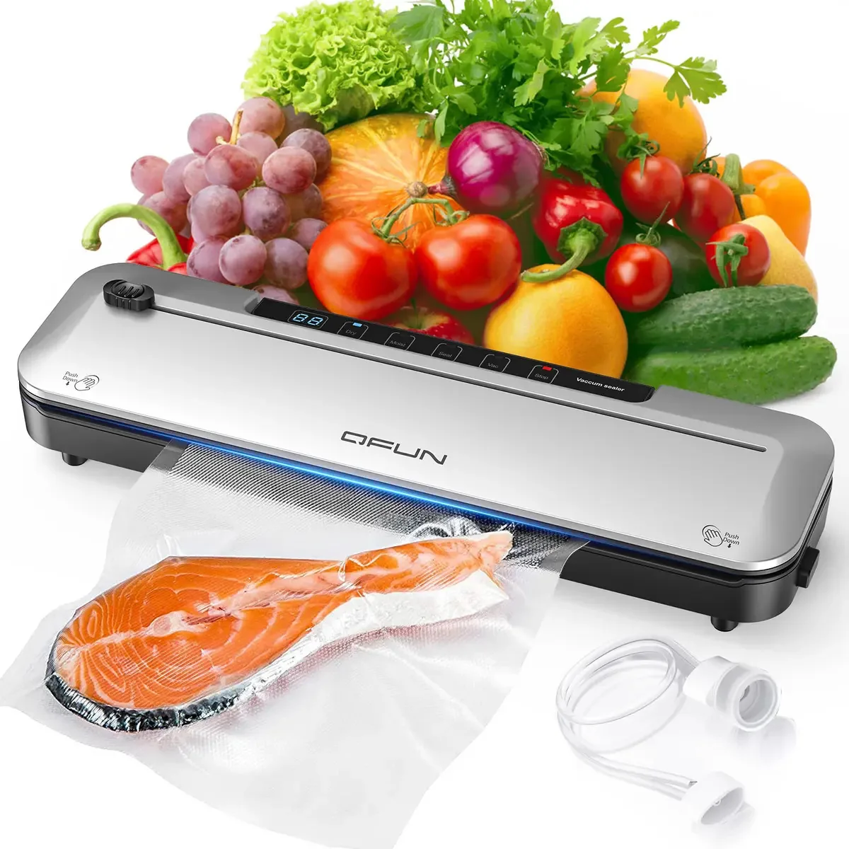Seladora a Vácuo Digital 6 em 1 Qfun, Sucção 75KPa e Vedação Dupla, para Alimentos Frescos