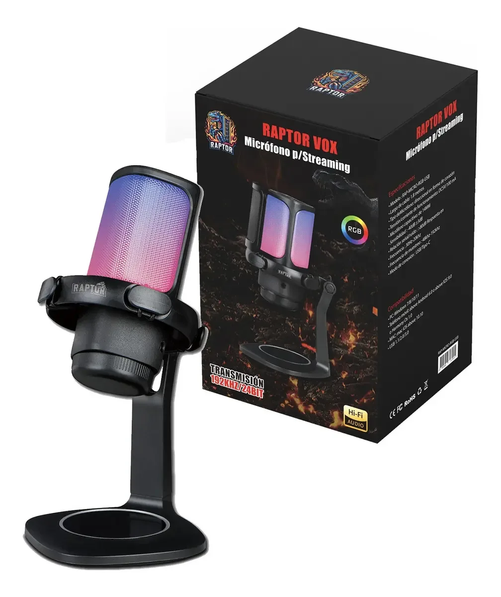 Microfone Raptor Vox Usb Rgb Gamer para PC Streaming Preto
