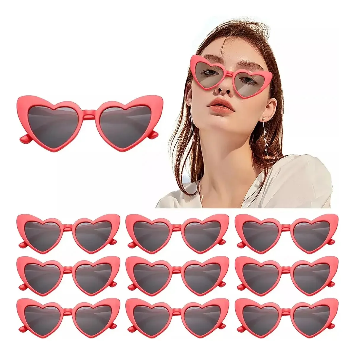 10 peças de óculos de sol de coração, acessórios de moda, lentes vermelhas para meninas e mulheres