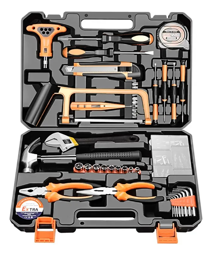 Conjunto de ferramentas domésticas multifuncionais de 82 peças com chaves de fenda, martelo, chaves, fita métrica, faca, alicate e muito mais, ideal para reparos domésticos.