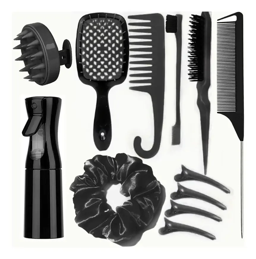 Clipe de cabelo para cabeleireiro, kit de escovas e pentes de cabelo, 12 unidades, cor preta