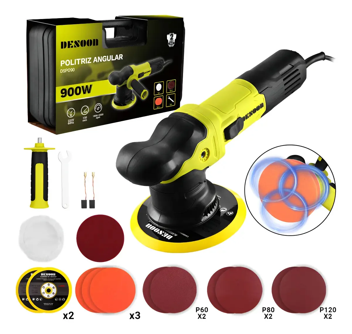 Politriz Roto Orbital Elétrica 900w Máquina De Polimento Rotativo De Trilhas De Automóveis 150mm Com 6 Velocidades Variáveis De 1800-5500 Rpm Alça Desmontável Desoon