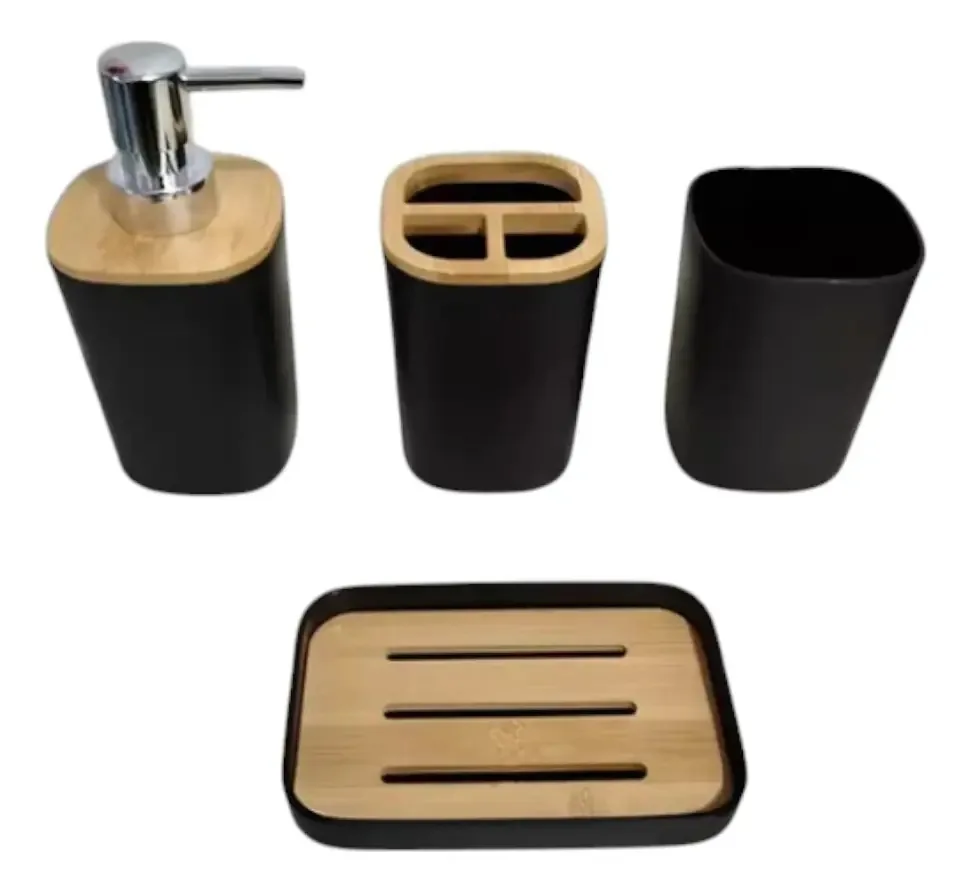 Conjunto de acessórios de banheiro preto de 4 peças de acessórios para lavatório de bambu