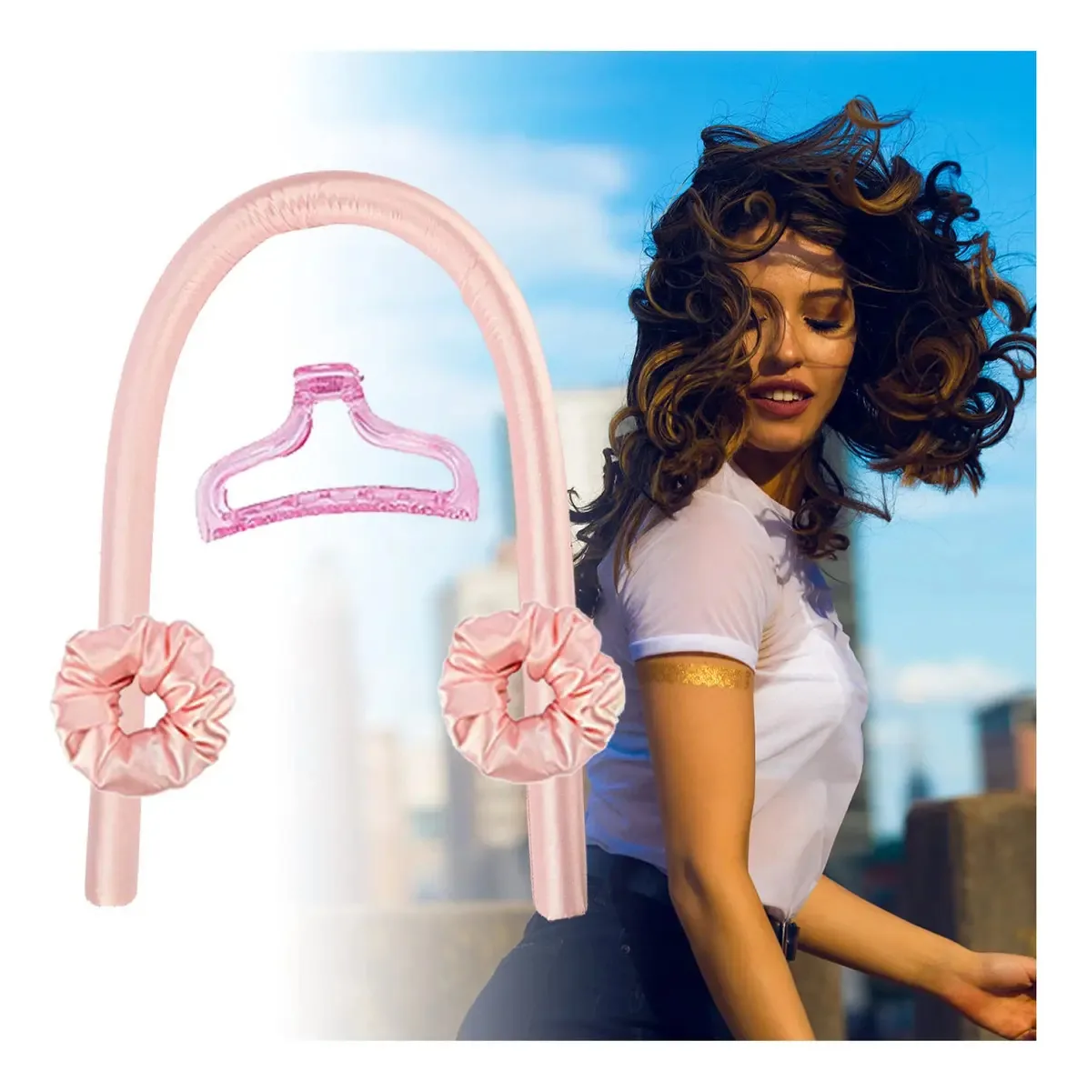 Brewix Satin Curling sem Calor Modeladores de Cabelo para Dormir em Cabelo Curto Cachos sem Calor Modeladores de Cabelo sem Calor para Cabelo Longo e Médio, Diadema Rosa