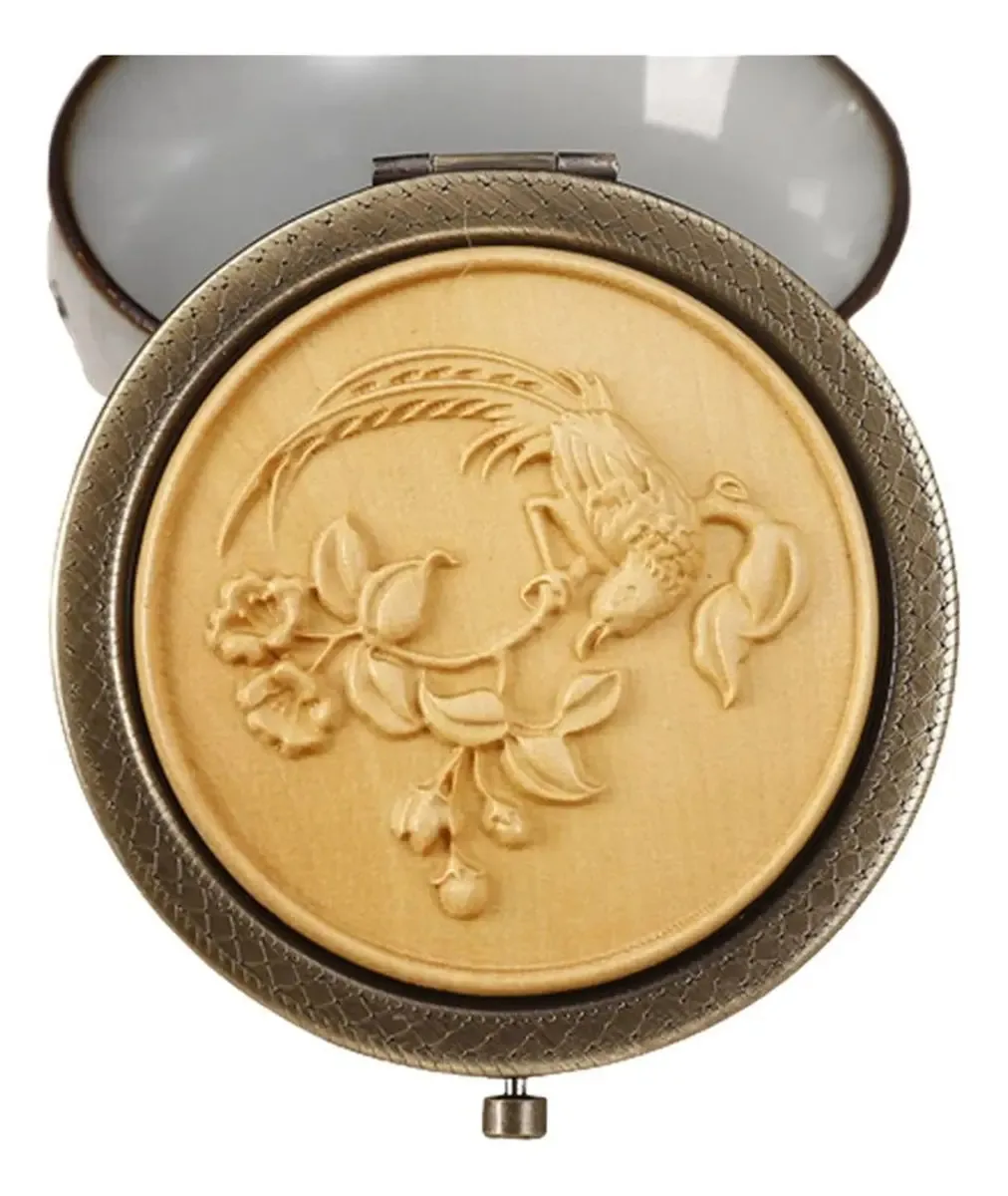Gooffy Espelho de Maquiagem de Mão, Espelho de Maquiagem Portátil de Beleza, Espelho Compacto Dobrável de Bolso Vintage de Latão, Espelho Cosmético de Madeira Entalhada