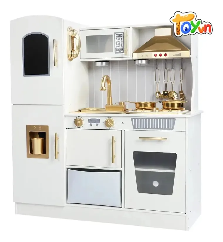 Brinquedos brancos de cozinha infantil de madeira com luzes e água