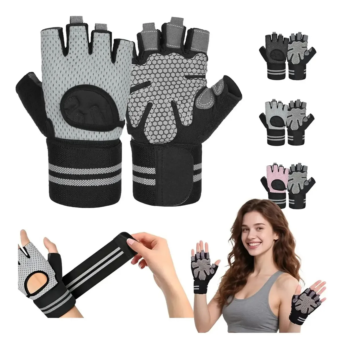 Luvas para ginástica, esportes, pesos, pulseiras para mulheres e homens, cor: cinza, tamanho S