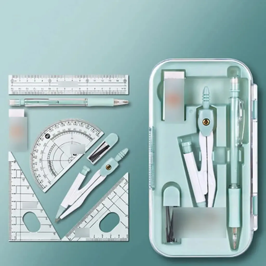 Conjunto de bússola para estudantes com régua, modelo de desenho, ferramentas multifuncionais de aprendizagem para estudantes usarem com kit de bússola e transferidor