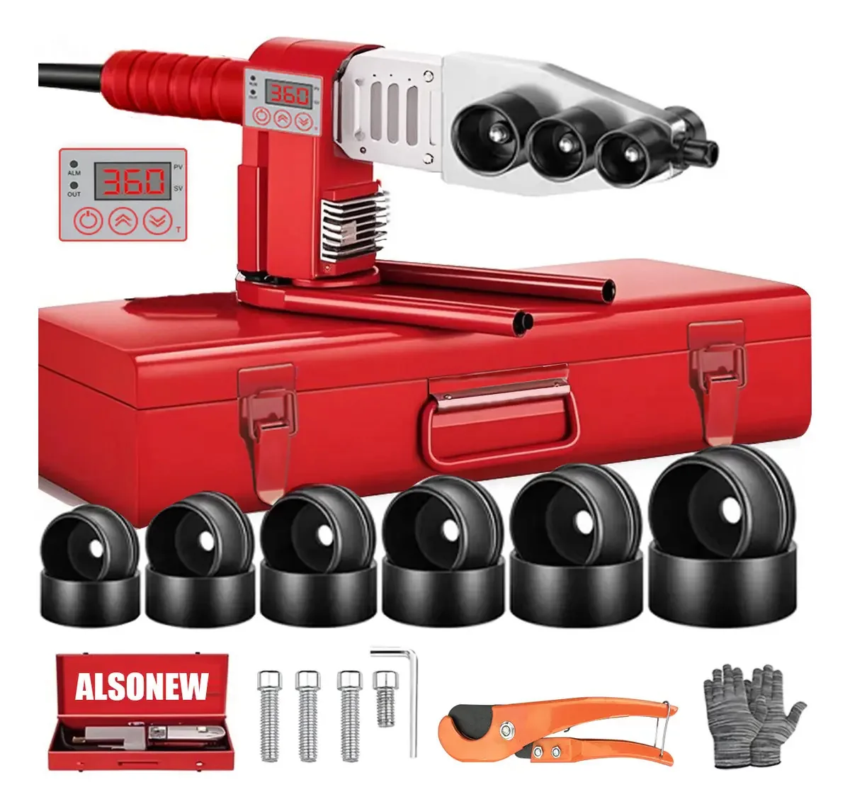 Kit termofusível também novo de 1000 W com tesoura digital e de 6 dados de 20-63 mm ou mais, aplicável a tubos de Ppr, Pb, Pe, HDPE e plástico