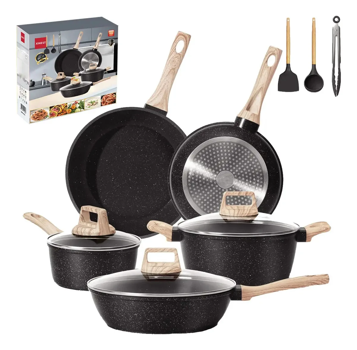 Conjunto de utensílios de cozinha de 11 peças Conjunto de utensílios de cozinha antiaderentes Conjunto de utensílios de indução O conjunto de cozinha antiaderente de granito inclui frigideira,...