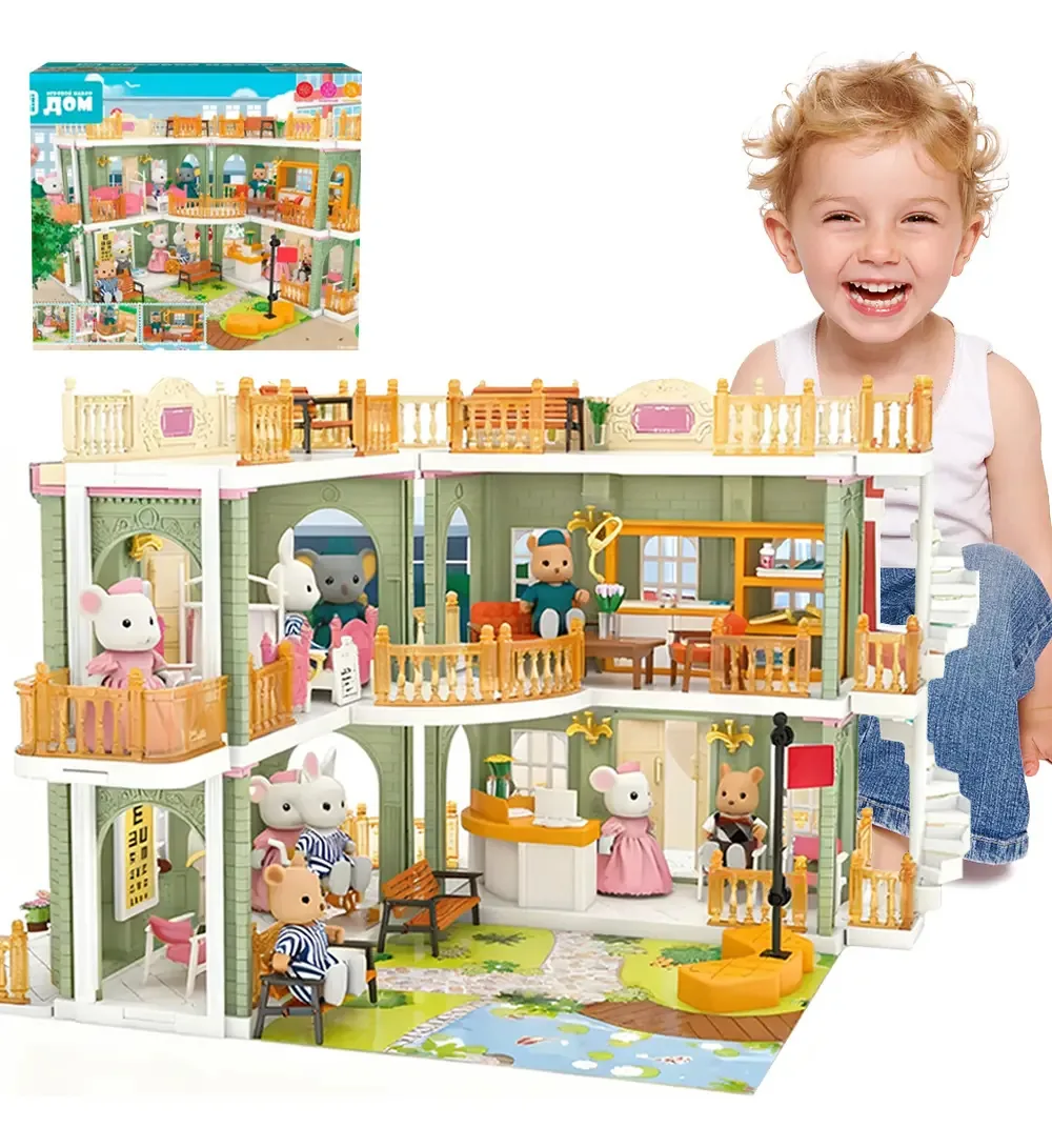 Casas para bonecas e bonecas para meninas rosa e bege Hospital da cidade de Koala de três andares com móveis de 3 bonecas Castle Princess