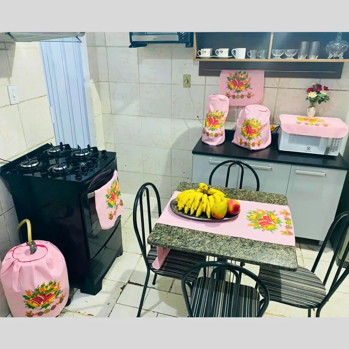 Jogo Cozinha 7pçs Decoração Natal Pano Natalino Papai Noel Cor Sinos Rosa Claro Sinos