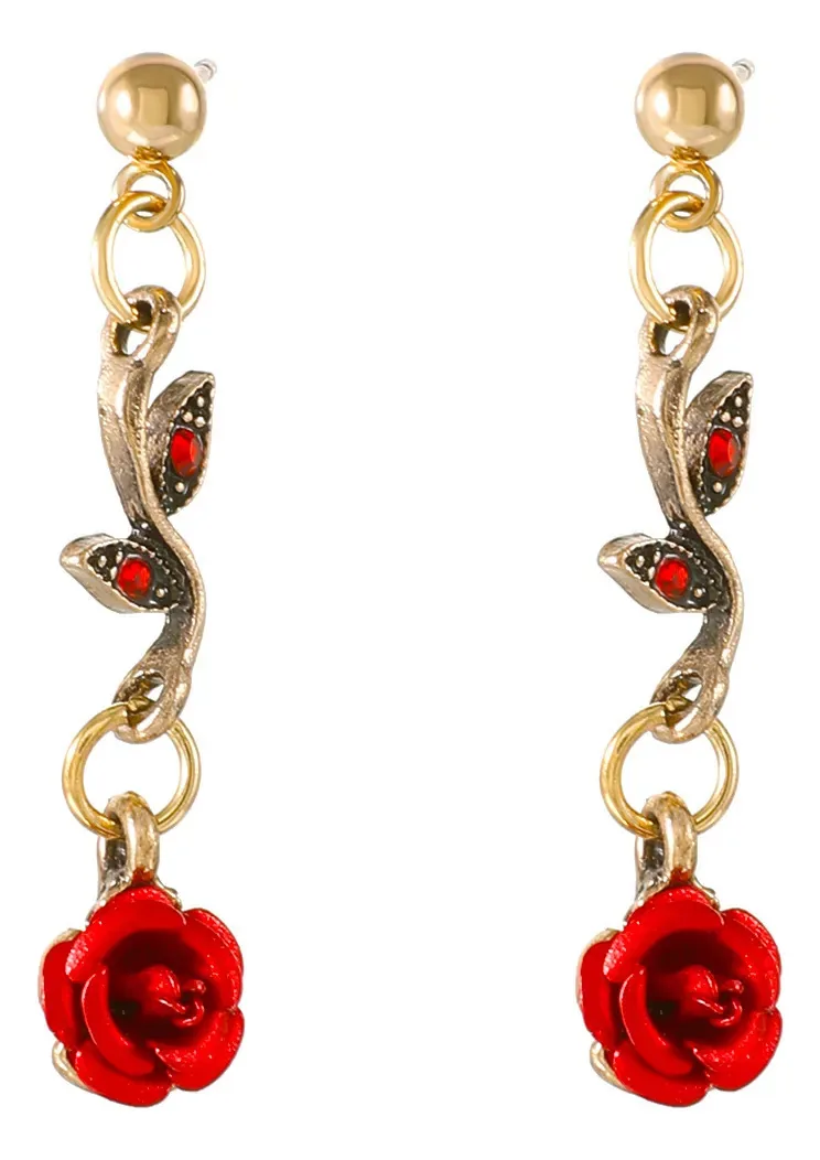 Brincos Românticos Com Franjas Em Forma De Rosa Dourado/vermelho