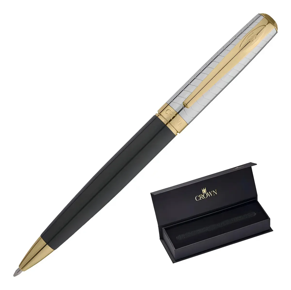 Caneta Crown Esfero Conquist Exterior Prata/preta/gold Tinta Azul Exterior Prat/preta/gold