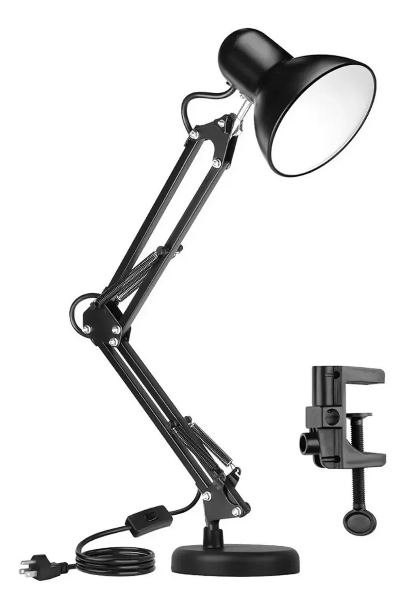 Candeeiro de mesa flexível com clipe de ancoragem e base+estrutura preta de ampolete