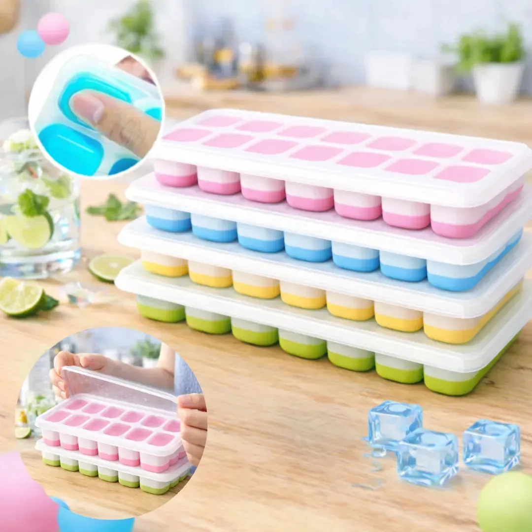 4 Formas De Gelo Cubo Tampa Rígida E Fundo Flexível Silicone Para Freezer Sucos Multicolor Congelamento