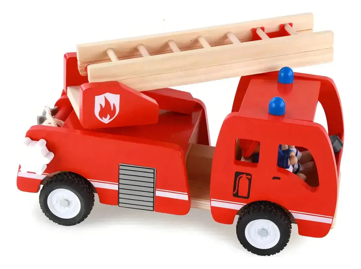 Caminhão de bombeiros de brinquedo educacional de madeira vermelho