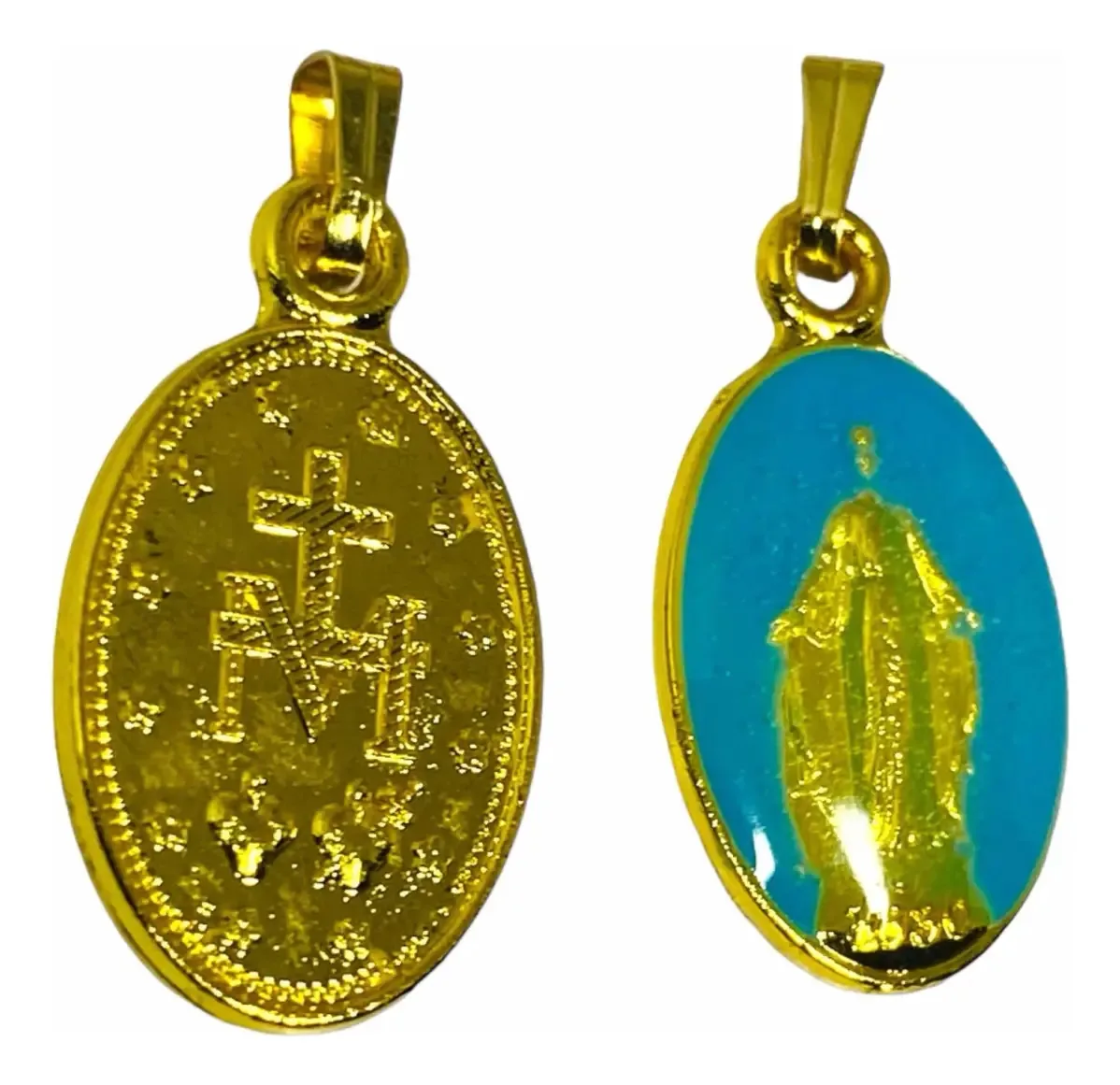 Medalha de esmalte azul celeste banhada a ouro da Virgem dos Raios