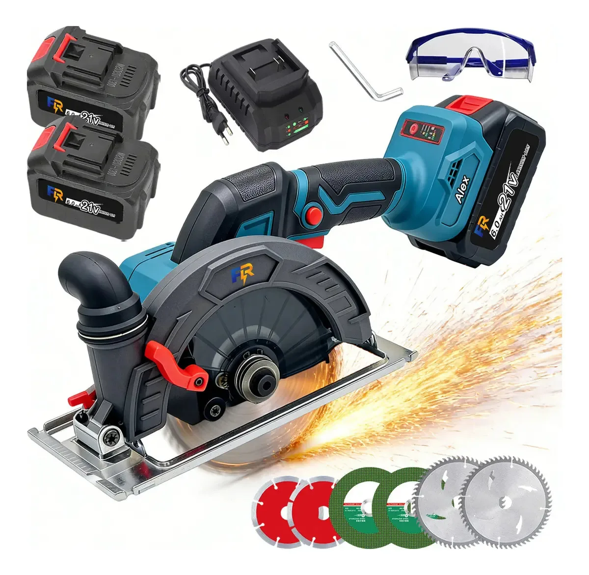 Serra Circular Serra Circular Elétrica Sem Fio Madeira Profissional Brushless 1500w 2x 21v Baterias 7000 Rpm Mini 6.5 Inch 165mm Bancada Induzindo Metais Turquesa 127/220v