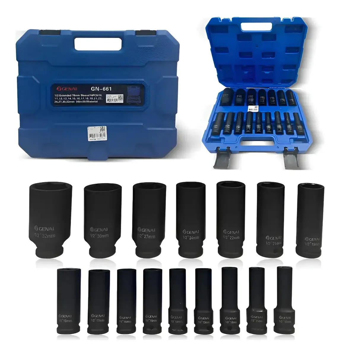 Jogo Soquete Impacto Longo Profissional 1/2 10 A 32mm 16pcs