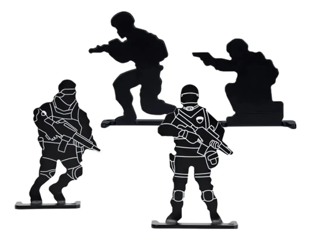 Cartões de tiro soldados de metal preto portáteis para atividades ao ar livre Aeg Gbb Airsoft Training Test Packball, 4 peças, Soldier Target Shooting