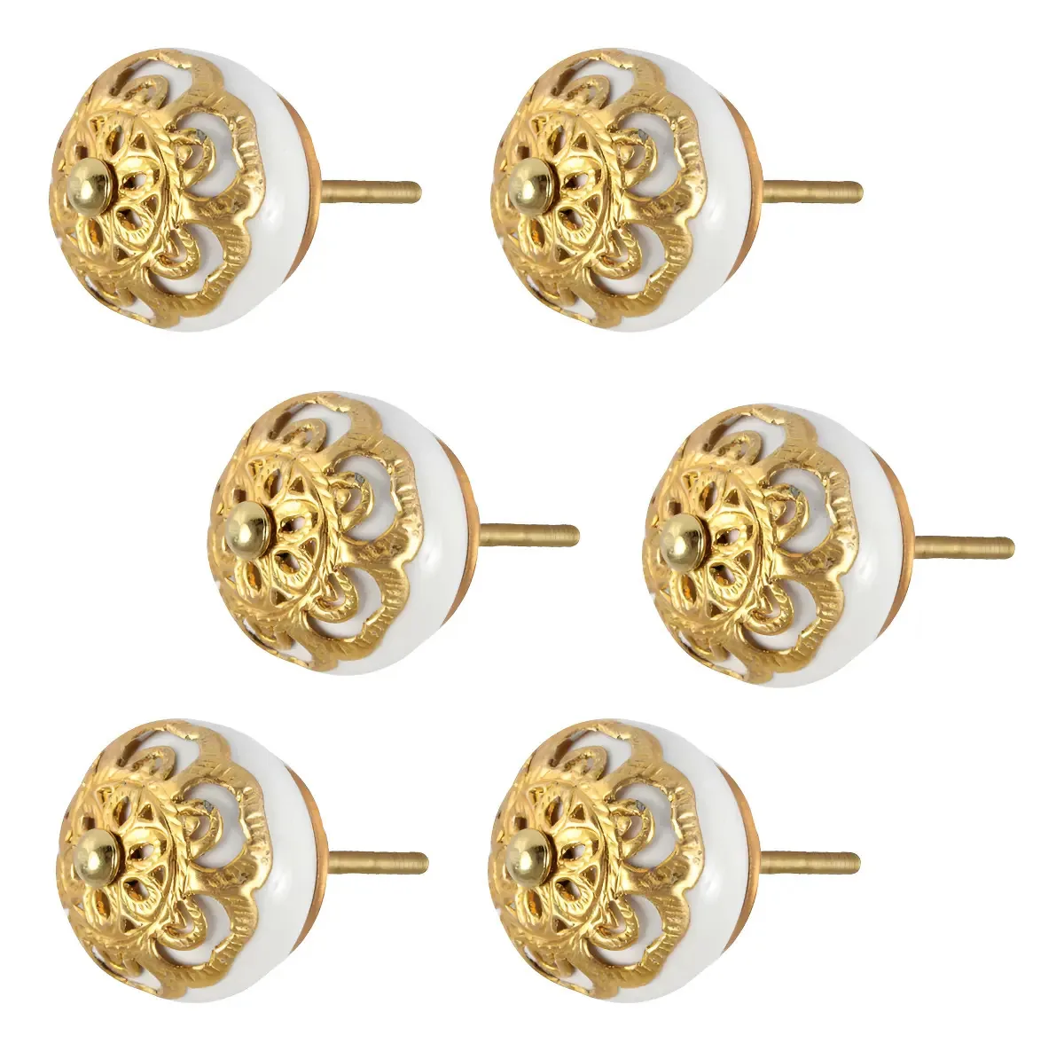 Kit 6 Puxadores Cerâmicos Branco Dourado Circular Armários Gavetas