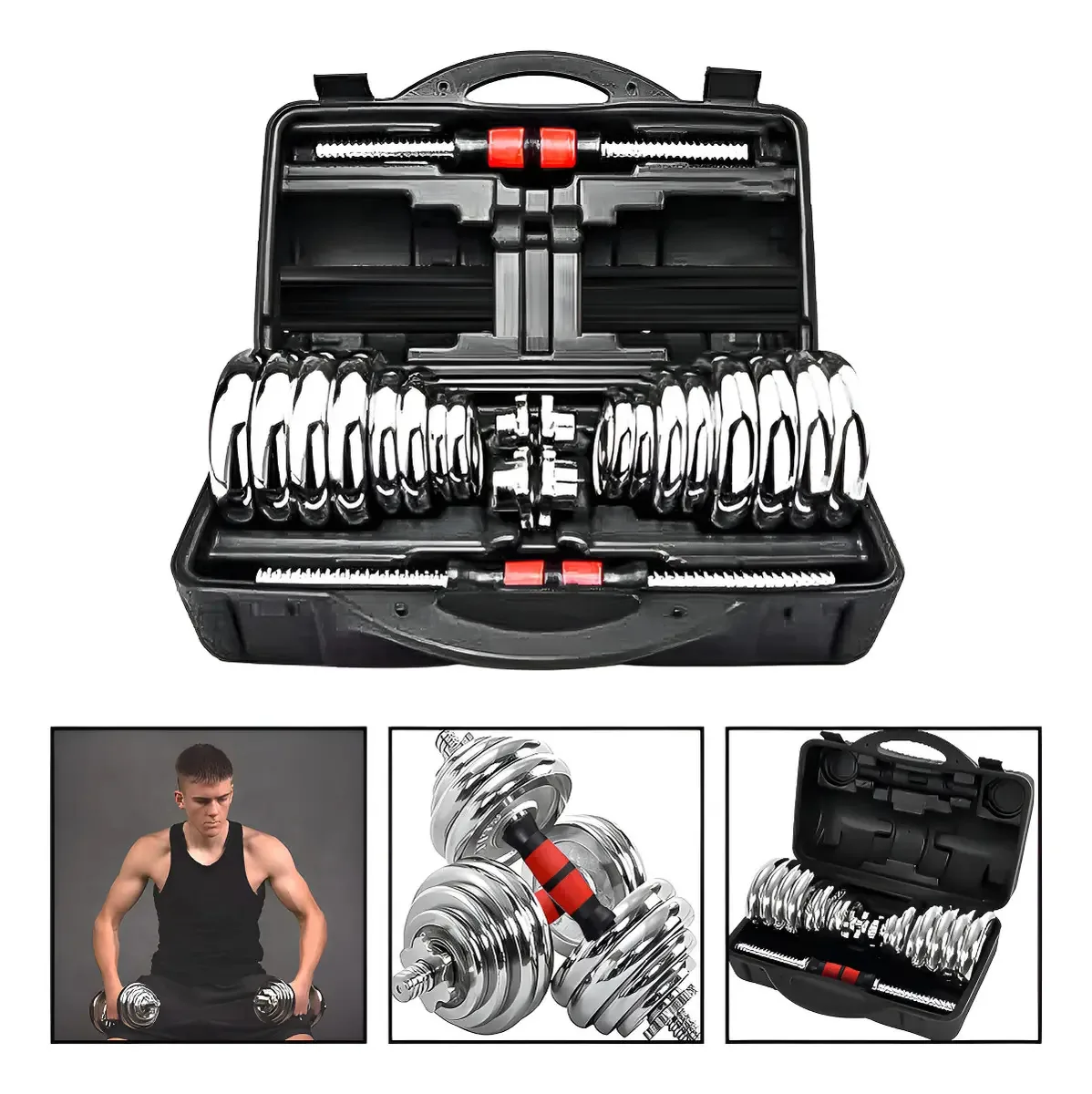 Conjunto de halteres cromados ajustáveis de 30 kg com estojo