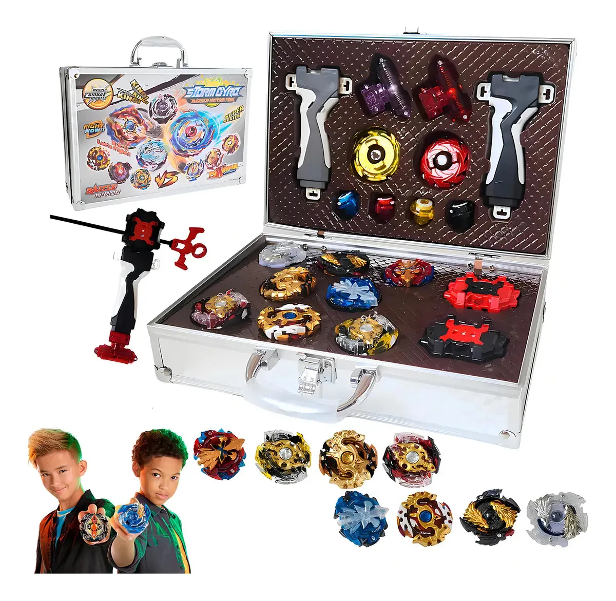Maleta Kit 8 Beyblade Storm Gyro Completo Lançadores Grip Cor Variada
