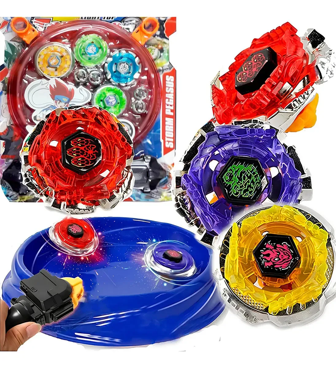 Kit 4 Beyblade Metal Fusion Led Tornado Arena 2 Lançadores