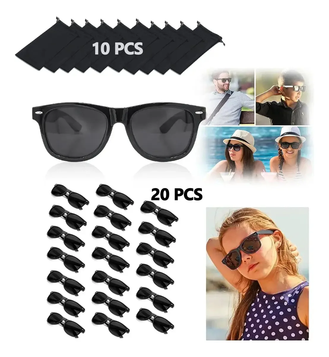 Caixa Deylinghs® com 20 lentes pretas retrô baratas por atacado Sun Beam com 10 bolsas para óculos casuais retrô masculinos e femininos com moldura quadrada preta, espelho preto