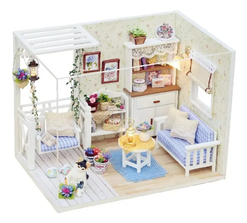 Casa de bonecas Hurrise DIY, kit de casa de bonecas em miniatura, casa de bonecas em miniatura com luz LED, criativa para amigos, quarto aconchegante