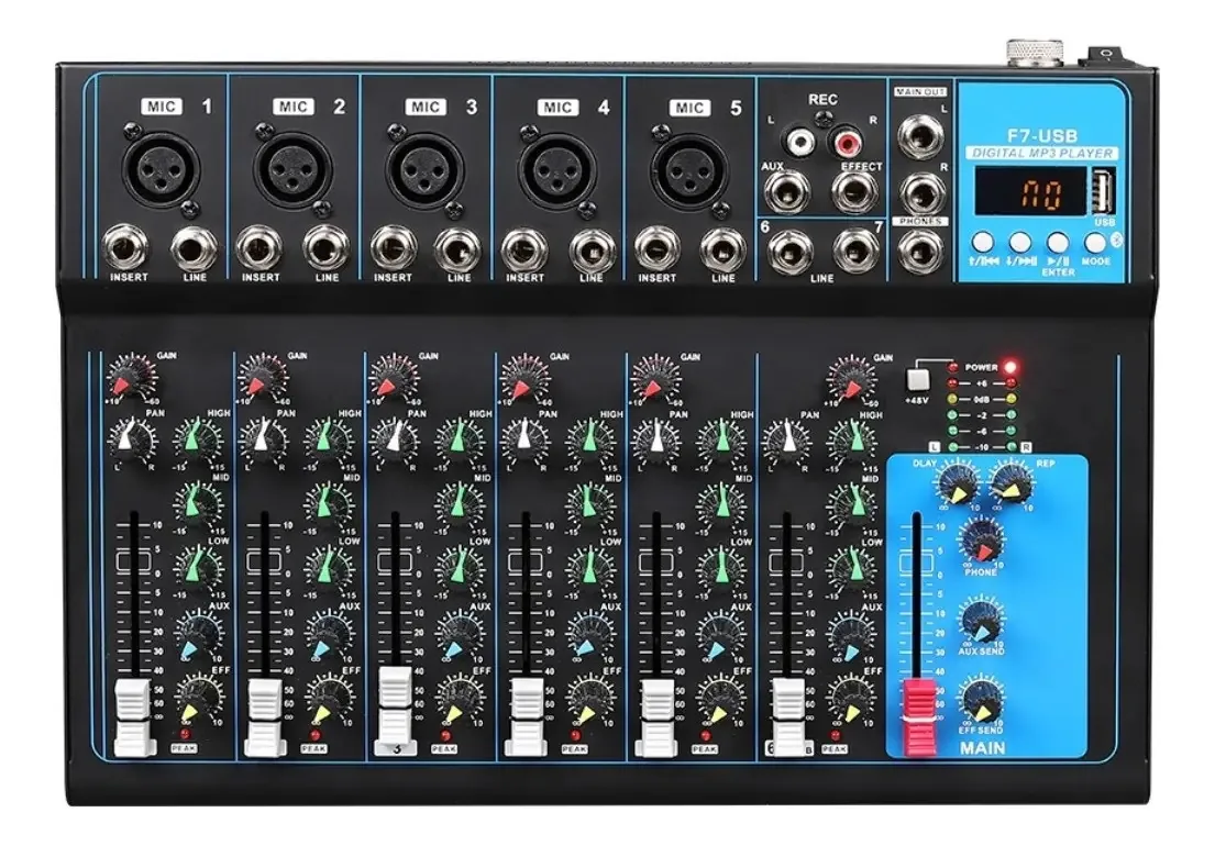 Console de mixagem de áudio portátil de 7 canais