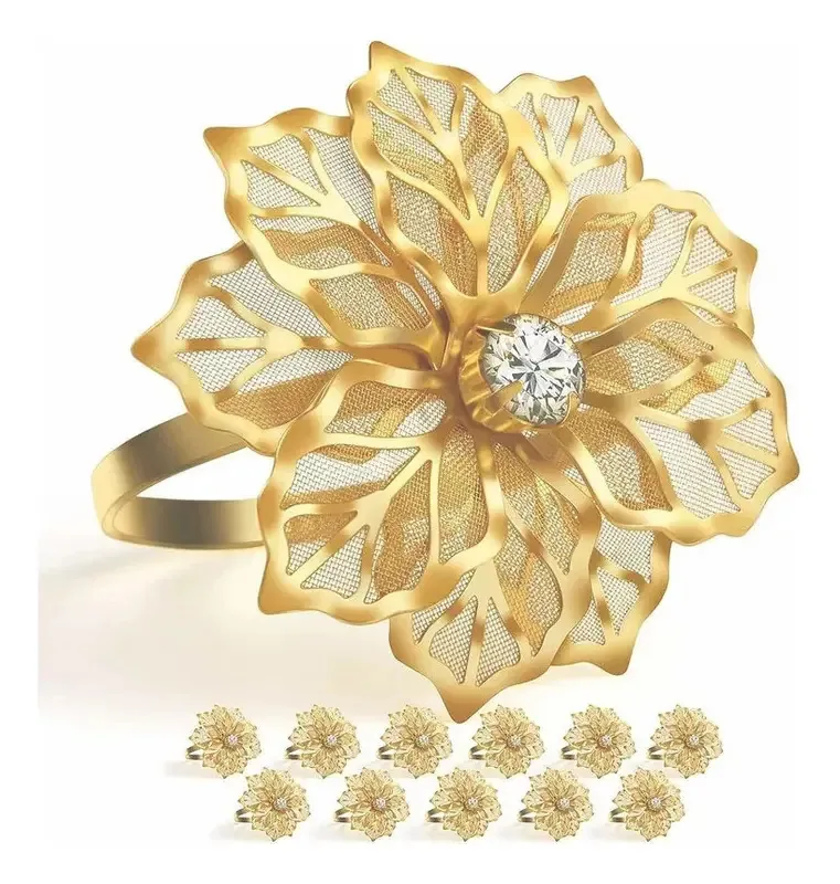 12 * Anéis De Suporte De Guardanapo Floral De Metal Cor Dourado