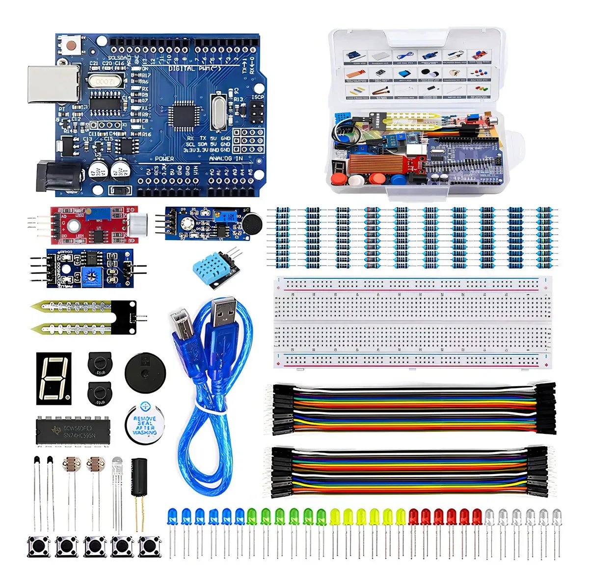 Kit Inicial Básico Uno R3 Para Arduino Com Placa CH340 e Protoboard de 830 Pontos