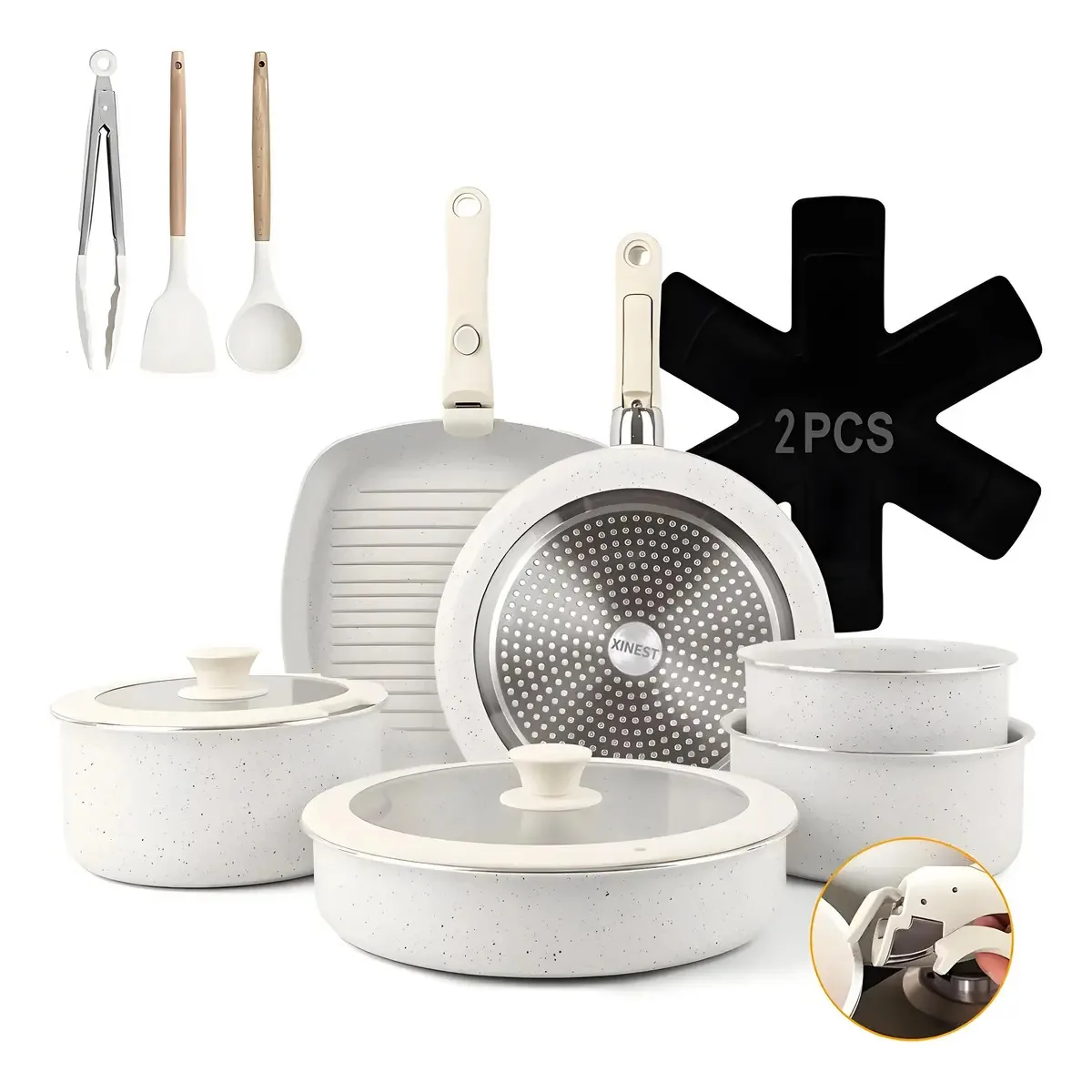 Conjunto de utensílios de cozinha antiaderentes Xinest Gu19 Conjunto de utensílios de cozinha antiaderentes com alça removível branca