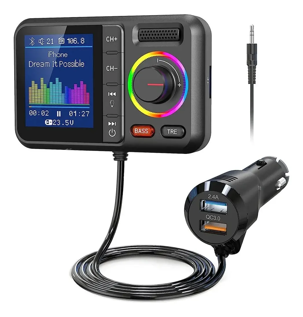 Transmissor Bluetooth Fm Adaptador de carregamento rápido USB 3.0 com display LED Receptores Bluetooth Rgb Bluetooth 5.0 Fm para áudio automático HD Bluetooth Chamadas Bluetooth Transmissor...