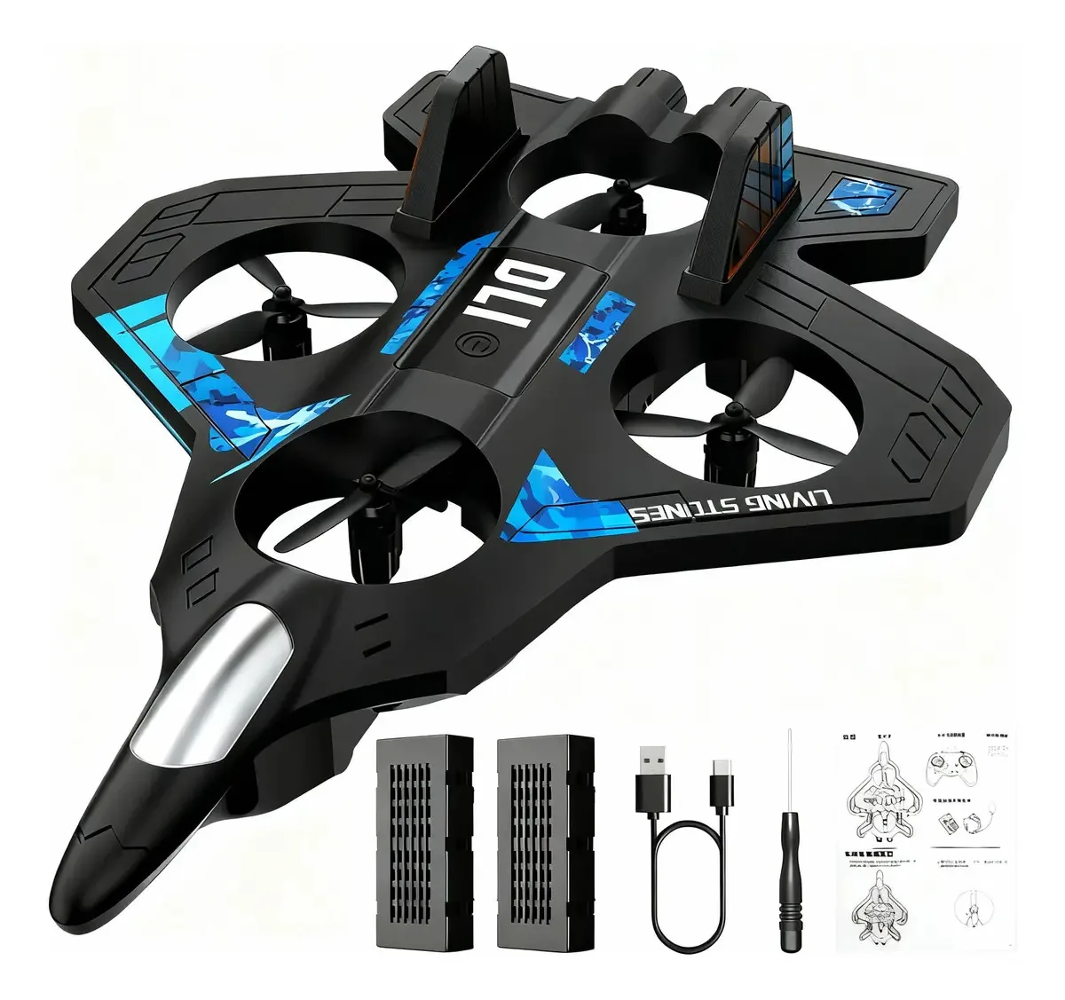 Drone Mini Caça A Jato Com Controle Remotoe Duas 2 Baterias Cor Azul