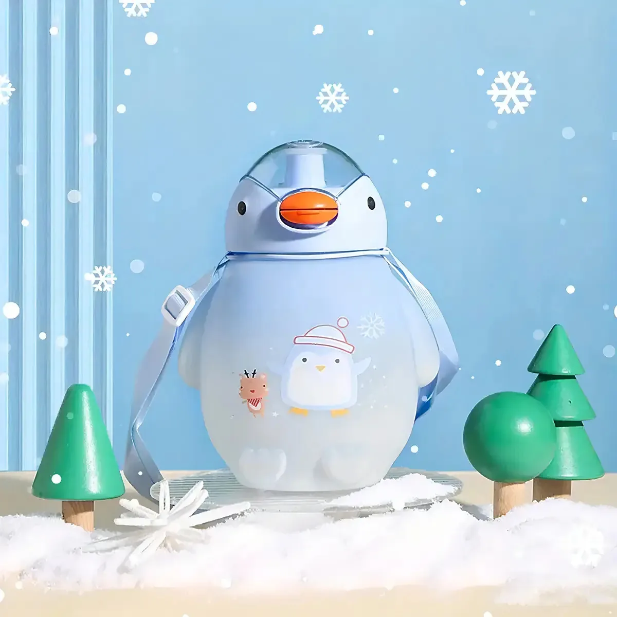 Garrafa de água Kawaii Pinguino com adesivos e alça 1500ml azul