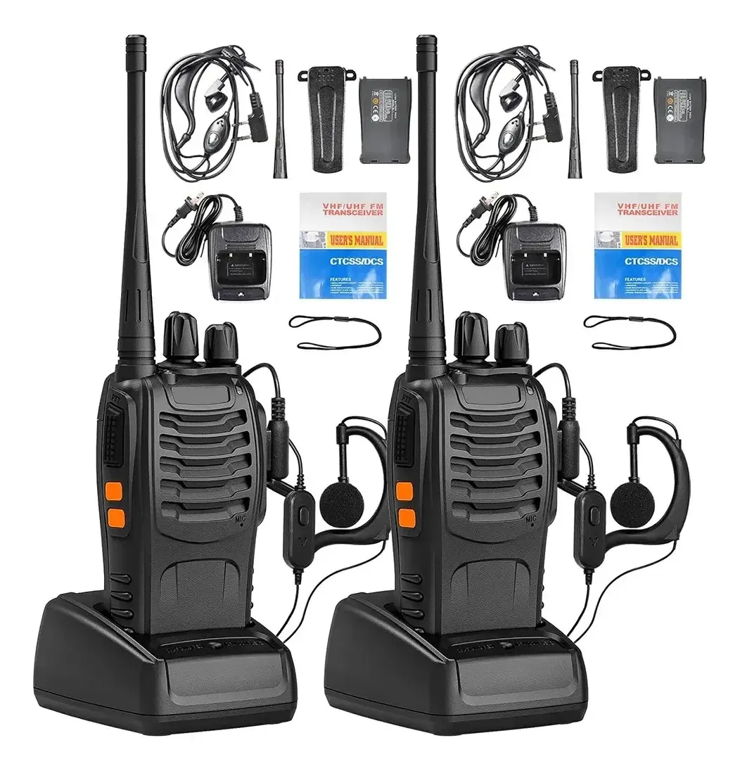 2 walkie-talkies pretos Baofeng — Walkie-talkies bidirecionais sem usar as mãos de longo alcance, incluindo fone de ouvido e microfone, bem como carregador e instruções.