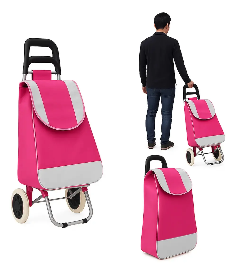 Carrinho De Feira 2 Rodas Reforçado Multiuso Dobrável Cor Rosa