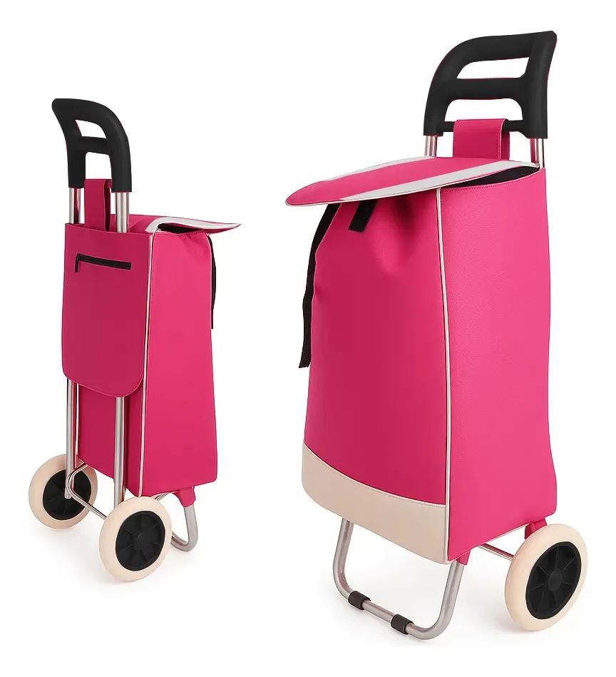 Carrinho De Compras Feira Com Rodas Dobrável De Mão Multiuso Cor Rosa