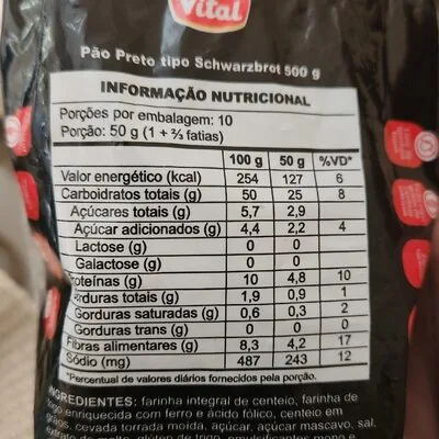 Pão Preto Schwarzbrot Vital Pacote 500g