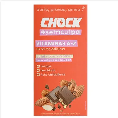 Suplemento Alimentar Tablete Chocolate Ao Leite Com Amêndoas Chock Vitaminas A Z Caixa 75g