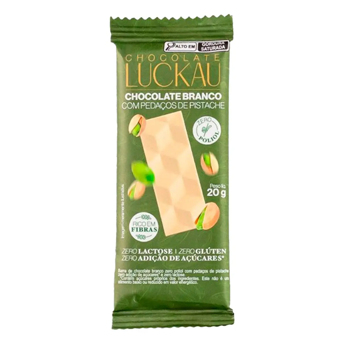Barra de Chocolate Luckau Branco com Pedaços de Pistache 20g