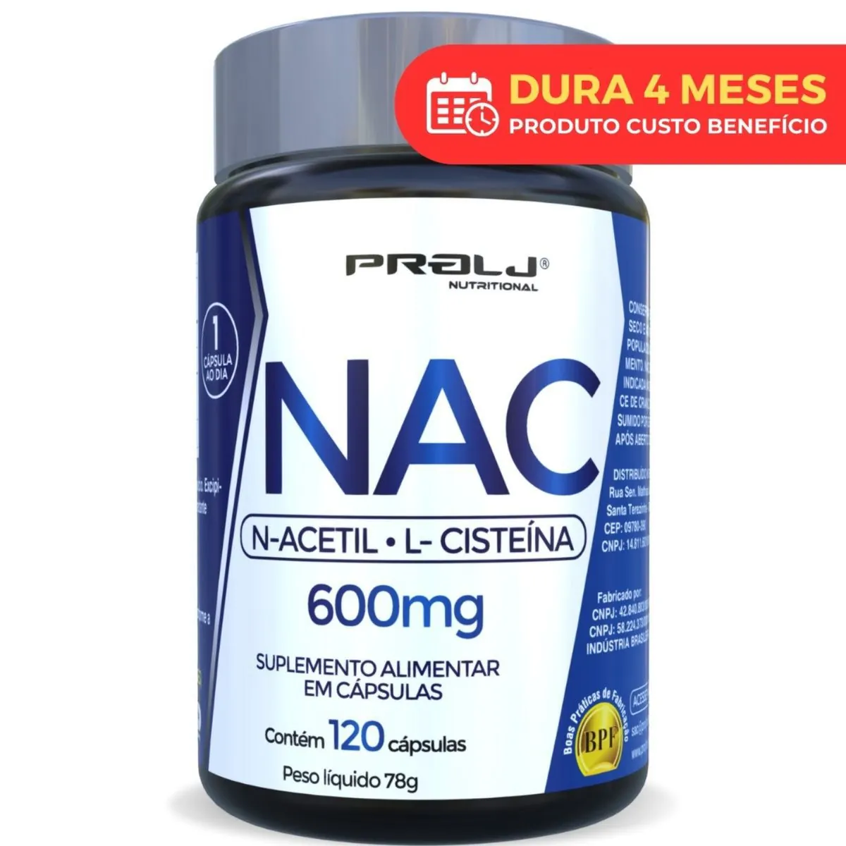 NAC N-Acetilcisteína 600mg – 120 cápsulas – Antioxidante e Suporte Imunológico PROLJ Nutritional -