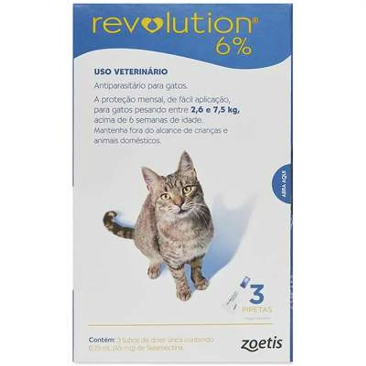 REVOLUTION 6% para Gatos entre 2,6 e 7,5kg - 0,75ml - caixa com 3 pipetas