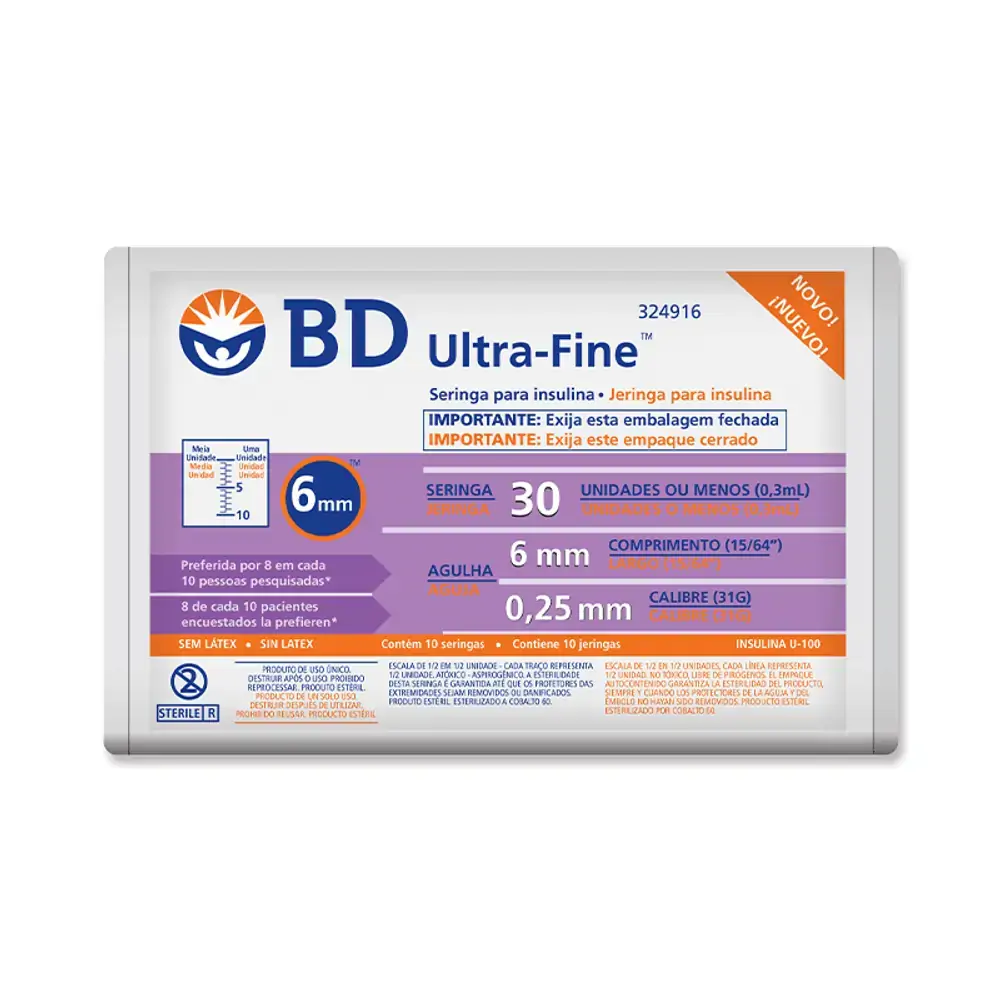 Seringa Bd Ultra-fine para Insulina 30 Ui - Agulha 6mm - Pacote com 10 Unidades - Seringa BD Ultra-F
