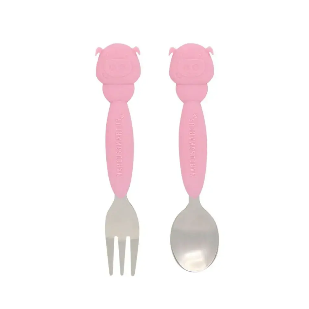 Jogo de Colher e Garfo Cabo em Silicone Porquinho Rosa - Marcus&Marcus